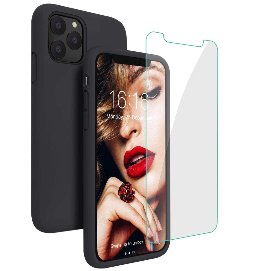 Hoesje geschikt voor iPhone 12 Hoesje - Siliconen Backcover - Zwart + Tempered Glas