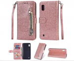 Hoesje geschikt voor Samsung Galaxy A01 Glitter Bookcase hoesje Portemonnee met rits - Rose Goud