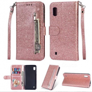 Hoesje geschikt voor Samsung Galaxy A01 Glitter Bookcase hoesje Portemonnee met rits - Rose Goud