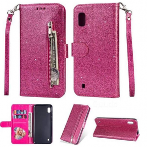 Hoesje geschikt voor Samsung Galaxy A01 Glitter Bookcase hoesje Portemonnee met rits - Roze