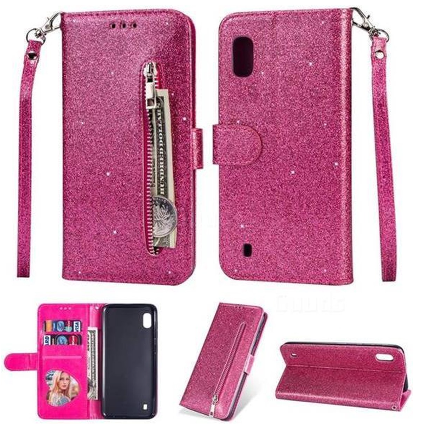 Hoesje geschikt voor Samsung Galaxy A01 Glitter Bookcase hoesje Portemonnee met rits - Roze