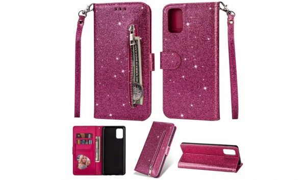 Hoesje geschikt voor Samsung Galaxy A71 Glitter bookcase hoesje Portemonnee met rits - Roze