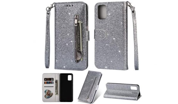 Hoesje geschikt voor Samsung Galaxy A71 Glitter bookcase hoesje Portemonnee met rits - Zilver