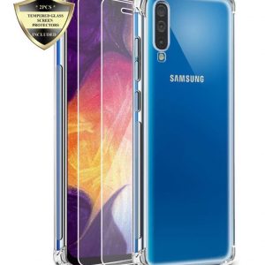 LuxeBass Hoesje geschikt voor Samsung Galaxy A70 - Anti Shock Hybrid Case & 2X Tempered Glas Combi - Transparant
