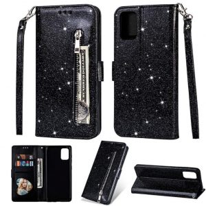 Hoesje geschikt voor Samsung Galaxy A71 Glitter bookcase hoesje Portemonnee met rits - Zwart