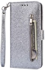 Hoesje geschikt voor Samsung Galaxy A11 Glitter Bookcase hoesje met rits - Zilver