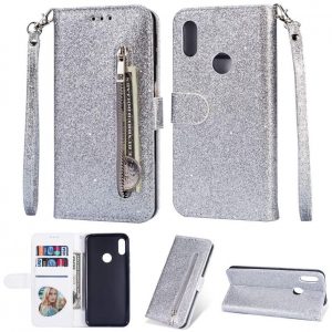 Hoesje geschikt voor Samsung Galaxy A11 Glitter Bookcase hoesje met rits - Zilver