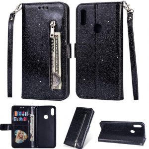 Hoesje geschikt voor Samsung Galaxy A11 Glitter Bookcase hoesje met rits - Zwart