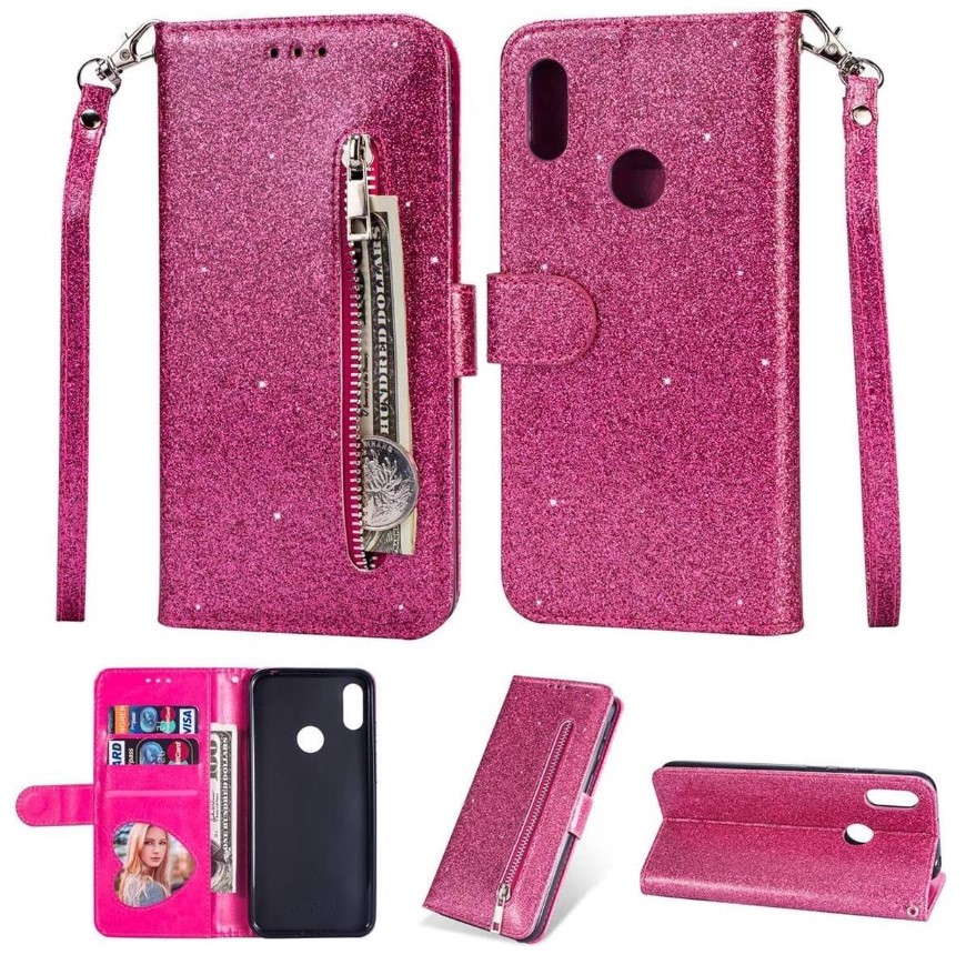 Hoesje geschikt voor Samsung Galaxy A20e Glitter Bookcase hoesje - Roze Portemonnee met Rits