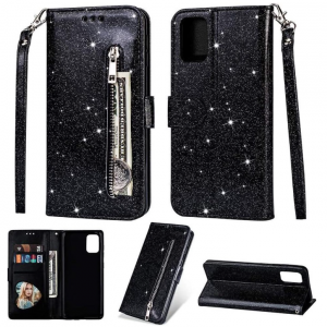 Hoesje geschikt voor Samsung Galaxy A41 Glitter Bookcase hoesje Portemonnee met rits - Zwart