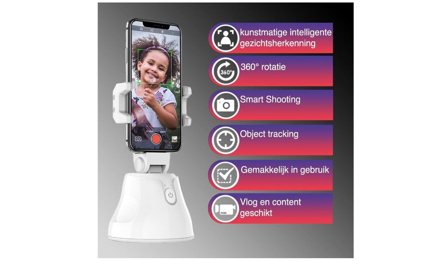 LuxeBass Auto Object Tracking Houder Smartphone - Wit - 360 Graden Selfie Stick - LB463