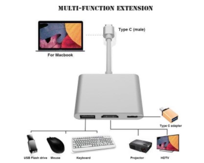 LuxeBass USB-C adapter voor Macbook met USB, HDMI, USB-C - Zilver