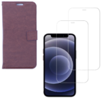 LuxeBass hoesje geschikt voor iPhone 12 hoesje book case + 2 stuks Glas Screenprotector bruin