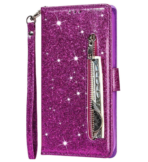 Hoesje geschikt voor Oppo A15 Glitter Bookcase met rits - hoesje - portemonneehoesje - Paars