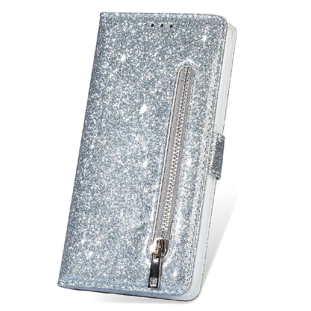 Boekhoesje geschikt voor iPhone SE 2020 / 7 / 8 Glitter Bookcase met rits - hoesje - portemonneehoesje - Zilver