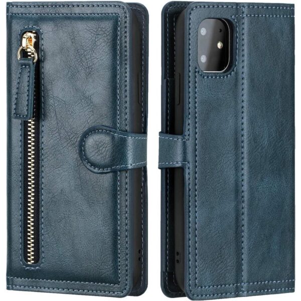 Hoesje geschikt voor iPhone 12 Mini Book case met ritssluiting van LuxeBass - Flipcover - Magnetisch - 5 kaarten houder - Donkerblauw