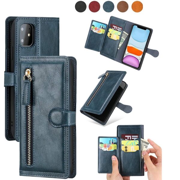 Hoesje geschikt voor iPhone 12 Mini Book case met ritssluiting van LuxeBass - Flipcover - Magnetisch - 5 kaarten houder - Donkerblauw