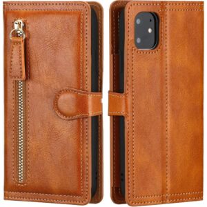 Hoesje geschikt voor iPhone 12 Pro Max Book case met ritssluiting van LuxeBass - Flipcover - Magnetisch - 5 kaarten houder - Lichtbruin