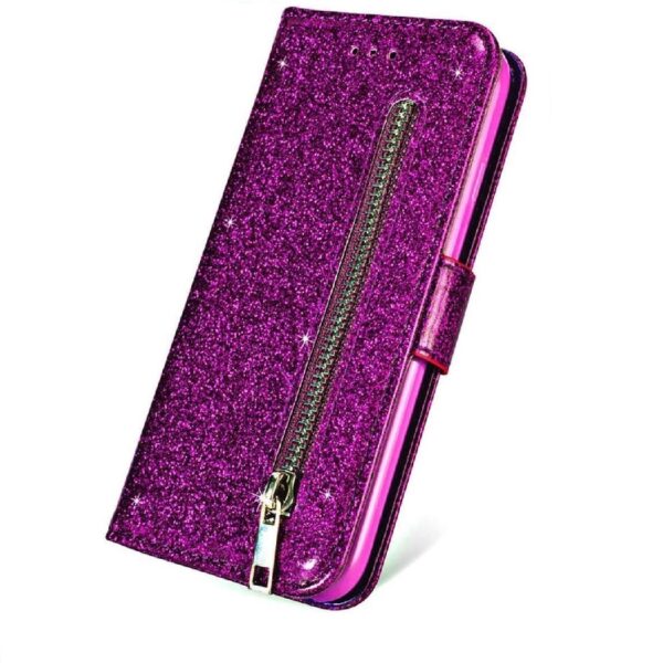 Hoesje geschikt voor Oppo A15 Glitter Bookcase met rits van LuxeBass - hoesje - portemonneehoesje - Paars