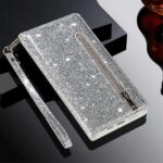 Hoesje geschikt voor Oppo A15 Glitter Bookcase met rits van LuxeBass - hoesje - portemonneehoesje - Zilver