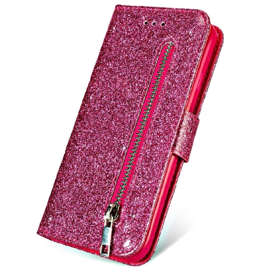 Hoesje geschikt voor Oppo A73 Glitter Bookcase met rits van LuxeBass - hoesje - portemonneehoesje - Roze