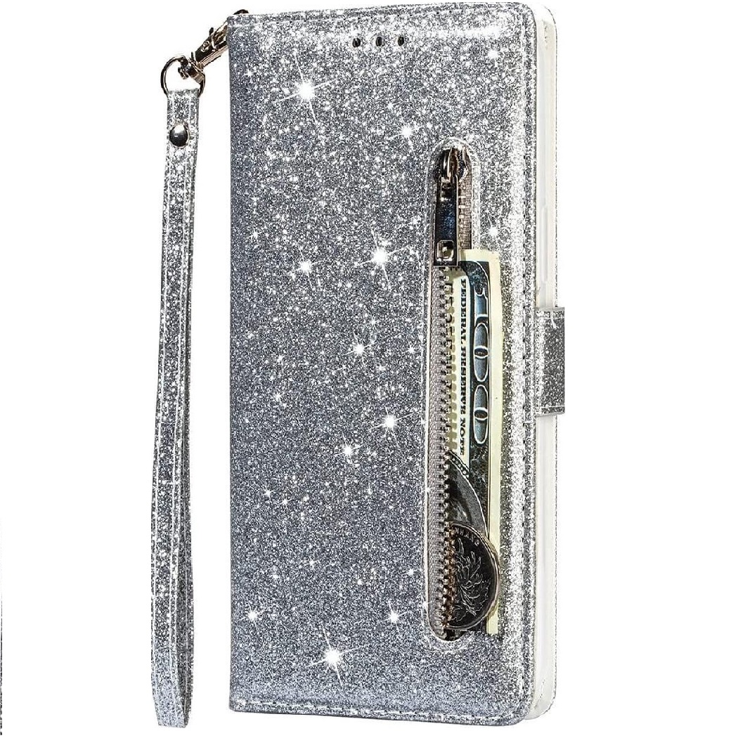 Hoesje geschikt voor Oppo A73 Glitter Bookcase met rits van LuxeBass - hoesje - portemonneehoesje - Zilver
