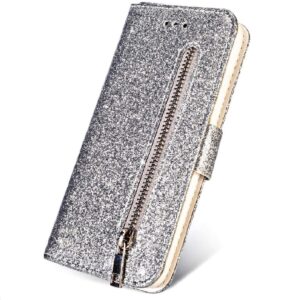 Hoesje geschikt voor Oppo A73 Glitter Bookcase met rits van LuxeBass - hoesje - portemonneehoesje - Zilver