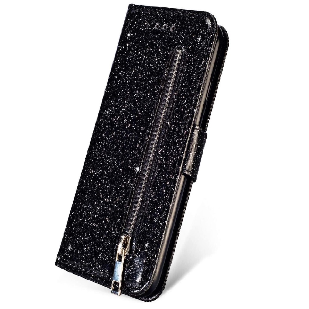 Hoesje geschikt voor Oppo A73 Glitter Bookcase met rits van LuxeBass - hoesje - portemonneehoesje - Zwart