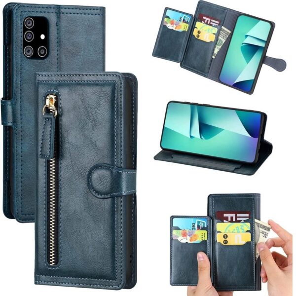 Hoesje geschikt voor Samsung Galaxy A02s Book case met ritssluiting van LuxeBass - Flipcover - Magnetisch - 5 kaarten houder - Donkerblauw