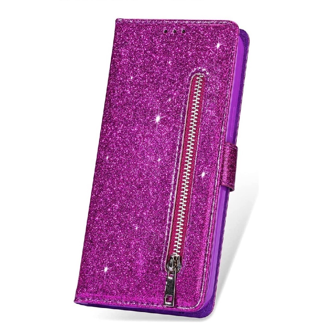 Hoesje geschikt voor Samsung Galaxy A02s Glitter Bookcase met rits - hoesje - portemonneehoesje - Paars
