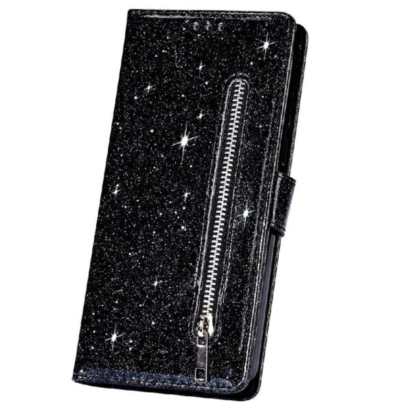 Hoesje geschikt voor Samsung Galaxy A12 Glitter Bookcase met rits - hoesje - portemonneehoesje - Zwart