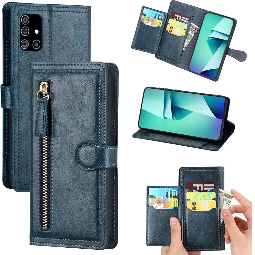 Hoesje geschikt voor Samsung Galaxy A21s Book case met ritssluiting van LuxeBass - Flipcover - Magnetisch - 5 kaarten houder - Donkerblauw