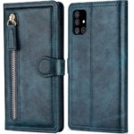 Hoesje geschikt voor Samsung Galaxy A21s Book case met ritssluiting van LuxeBass - Flipcover - Magnetisch - 5 kaarten houder - Donkerblauw