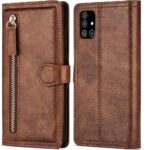 Hoesje geschikt voor Samsung Galaxy A21s Book case met ritssluiting van LuxeBass - Flipcover - Magnetisch - 5 kaarten houder - Donkerbruin