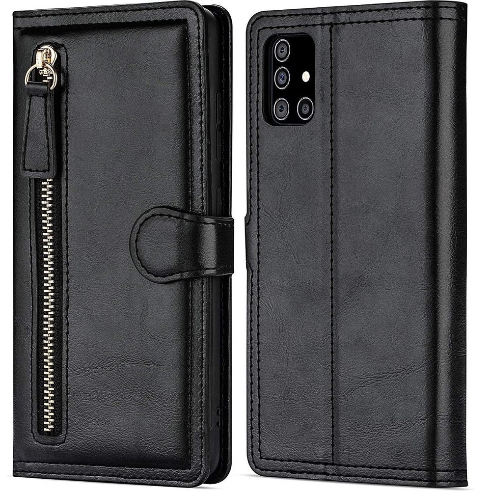 Hoesje geschikt voor Samsung Galaxy A21s Book case met ritssluiting van LuxeBass - Flipcover - Magnetisch - 5 kaarten houder - Zwart