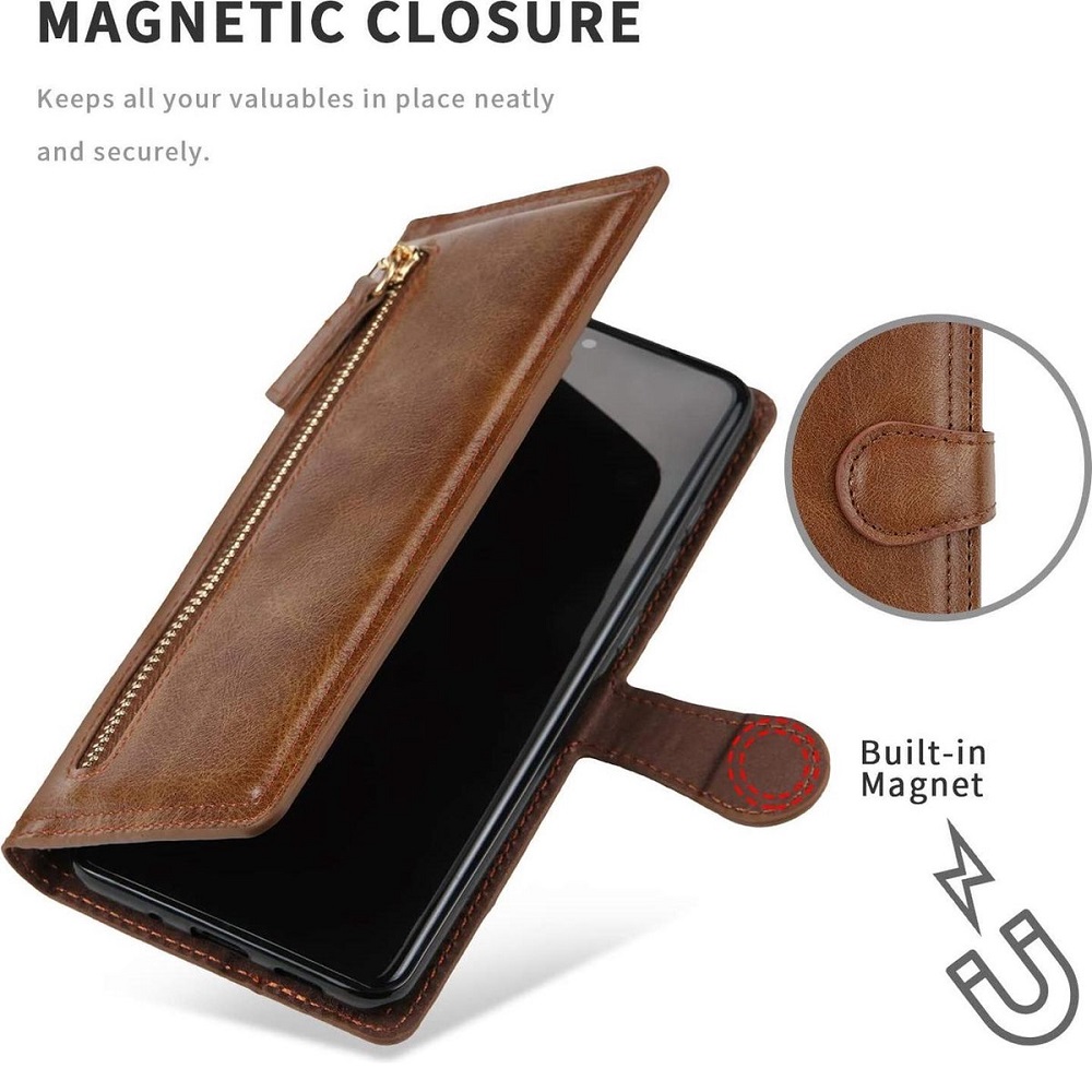 Hoesje geschikt voor Samsung Galaxy A51 / A51s Book case met ritssluiting van LuxeBass - Flipcover - Magnetisch - 5 kaarten houder - Donkerbruin