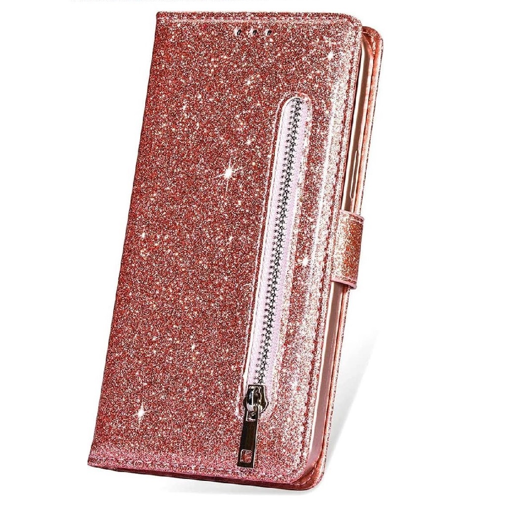 Hoesje geschikt voor Samsung Galaxy A51 Glitter Bookcase met rits - hoesje - portemonneehoesje - Rosé Goud