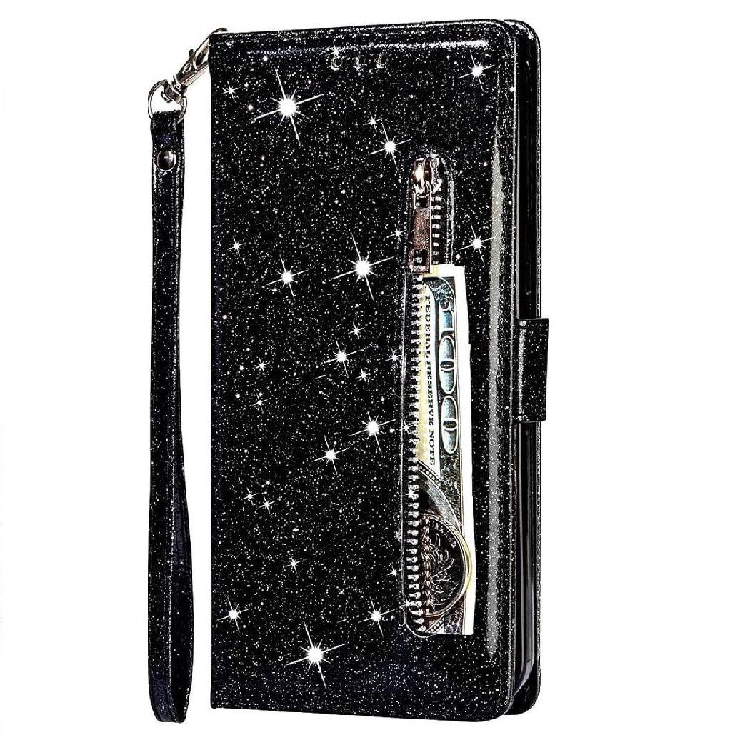 Hoesje geschikt voor Samsung Galaxy A51 Glitter Bookcase met rits - hoesje - portemonneehoesje - Zwart