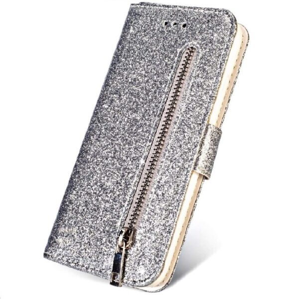 Hoesje geschikt voor Samsung Galaxy A52 5G Glitter Bookcase met rits - hoesje - portemonneehoesje - Zilver