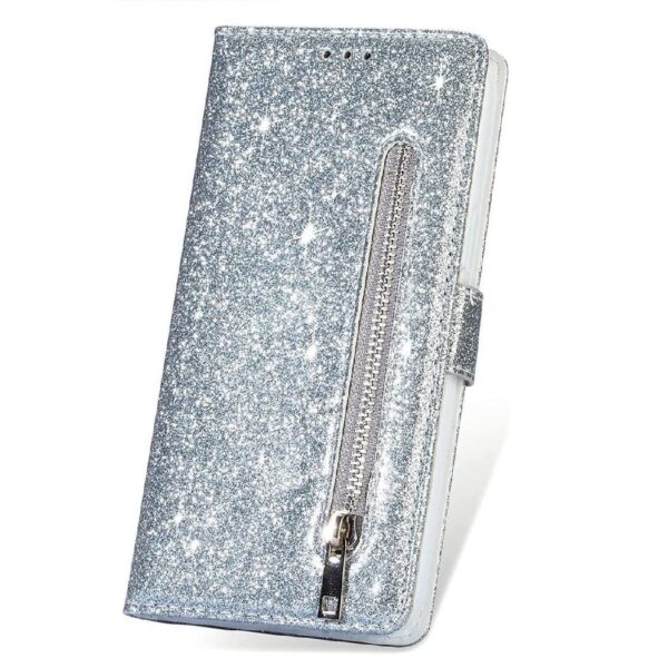 Hoesje geschikt voor Samsung Galaxy A52 5G Glitter Bookcase met rits - hoesje - portemonneehoesje - Zilver