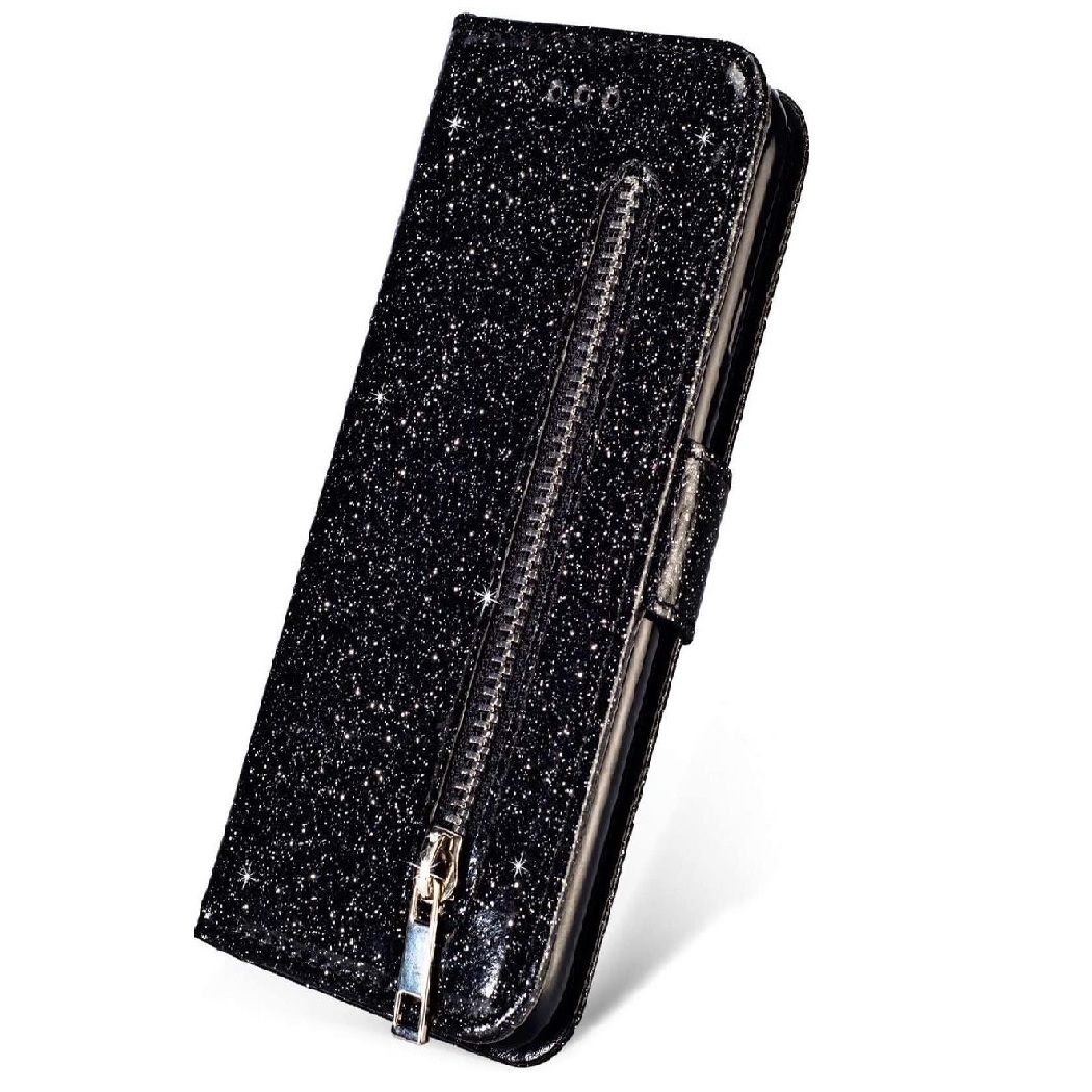 Hoesje geschikt voor Samsung Galaxy A52 5G Glitter Bookcase met rits - hoesje - portemonneehoesje - Zwart