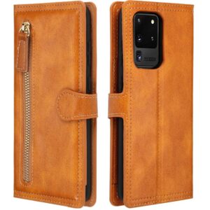 Hoesje geschikt voor Samsung Galaxy A52 Book case met ritssluiting van LuxeBass - Flipcover - Magnetisch - 5 kaarten houder - Lichtbruin
