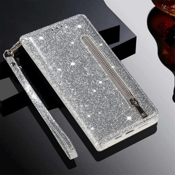 Hoesje geschikt voor Samsung Galaxy A71 Glitter Bookcase met rits - hoesje - portemonneehoesje - Zilver