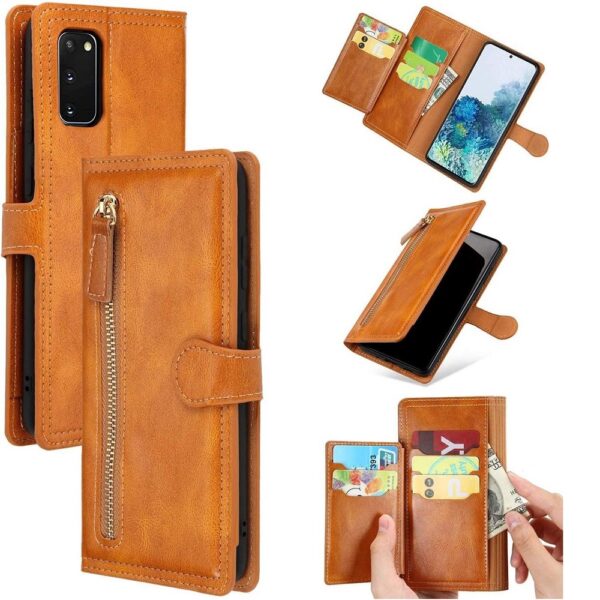 Hoesje geschikt voor Samsung Galaxy S20 FE Book case met ritssluiting van LuxeBass - Flipcover - Magnetisch - 5 kaarten houder - Lichtbruin