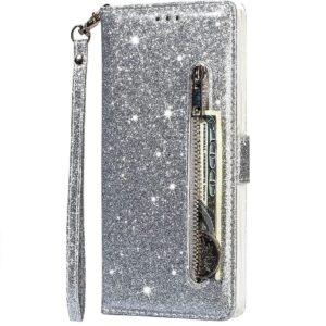 Hoesje geschikt voor Samsung Galaxy S21 Glitter Bookcase met rits - hoesje - portemonneehoesje - Zilver