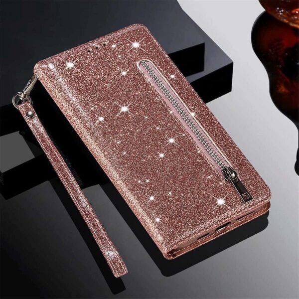 Hoesje geschikt voor Samsung Galaxy S21 Plus Glitter Bookcase met rits - hoesje - portemonneehoesje - Rosé Goud