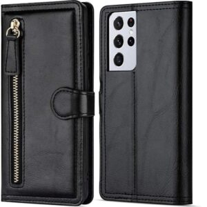Hoesje geschikt voor Samsung Galaxy S21 Ultra Book case met ritssluiting van LuxeBass - Flipcover - Magnetisch - 5 kaarten houder - Zwart