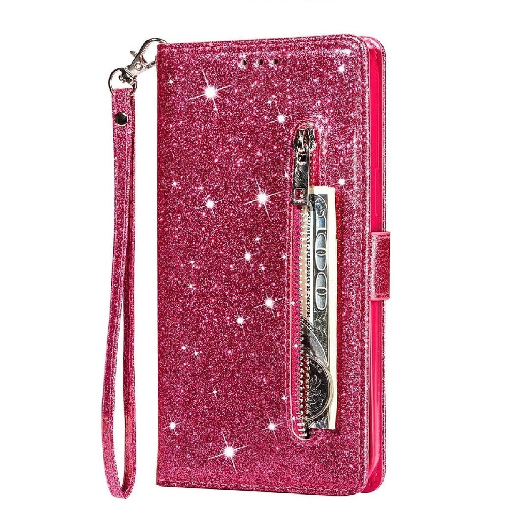 Hoesje geschikt voor Samsung Galaxy S21 Ultra Glitter Bookcase met rits - hoesje - portemonneehoesje - Roze