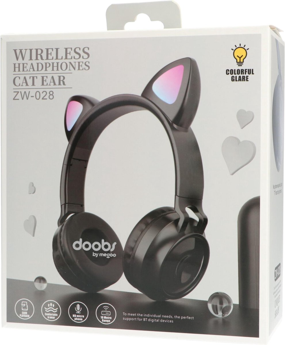 Koptelefoons Kinder hoofdtelefoon draadloos - koptelefoon Bluetooth met led kattenoortjes miauw zwart