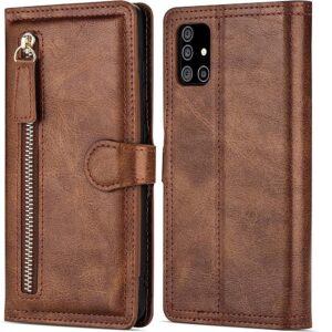 Hoesje geschikt voor iPhone 12 / 12 Pro Book case met ritssluiting van LuxeBass - Flipcover - Magnetisch - 5 kaarten houder - Donkerbruin